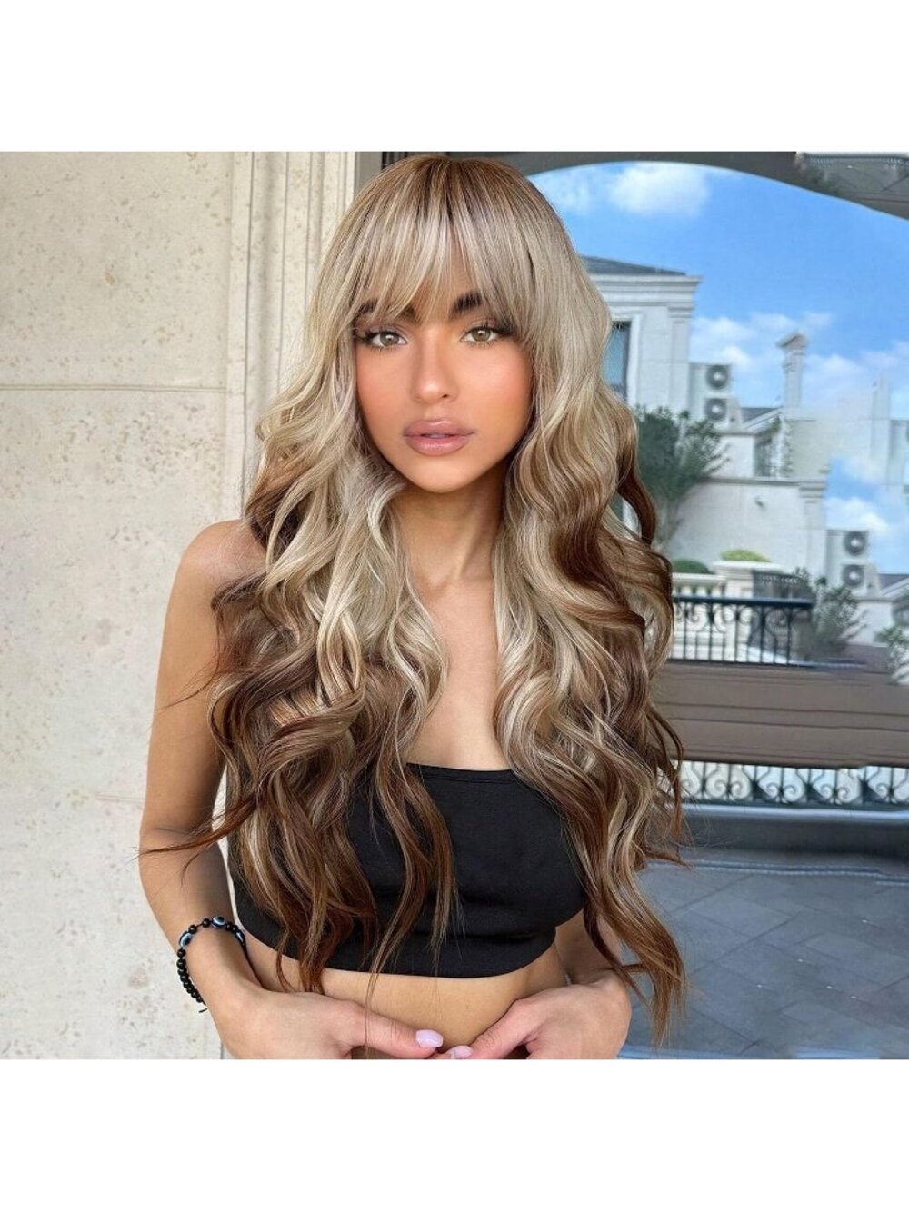 Women's Fashion Blonde with Brown Long Natural Looking Wavy Curly Wig with Bangs
